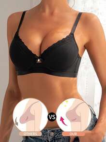 DesireSculpt Women's Solid Casual Sexy Lace Patchwork Bow Tie Diamonds Wire-Supported Lift Anti-Sagging Comfortable Bra & Instantlift Bra - Black - View 4