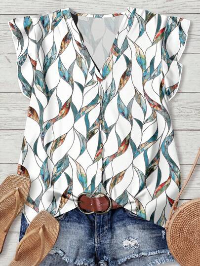 SHEIN LUNE Women's Vintage Leaf Print Casual Blouse, Suitable For Early Autumn, Business Casual, Outdoor Wear Chic Blouses For Women