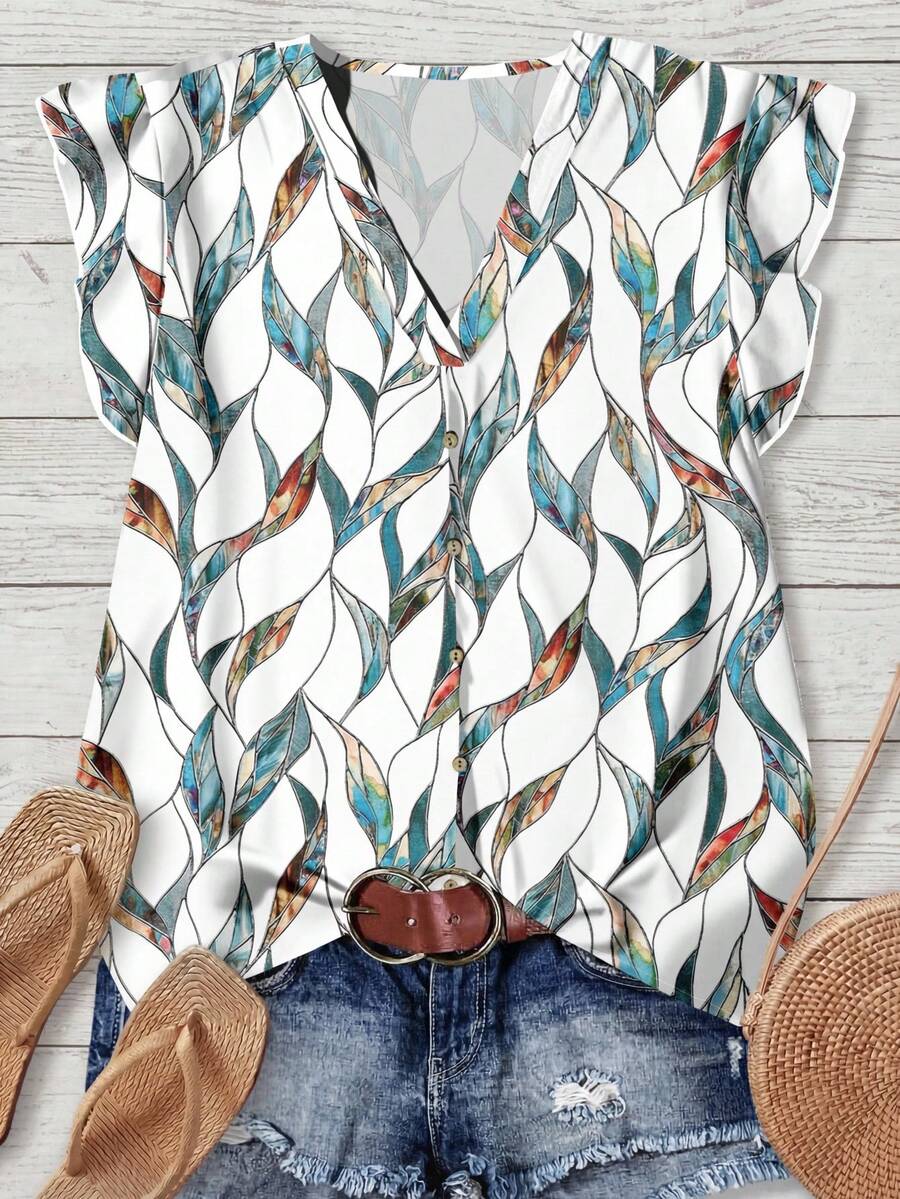 SHEIN LUNE Women's Vintage Leaf Print Casual Blouse, Suitable For Early Autumn, Business Casual, Outdoor Wear Chic Blouses For Women - Multicolor - View 1