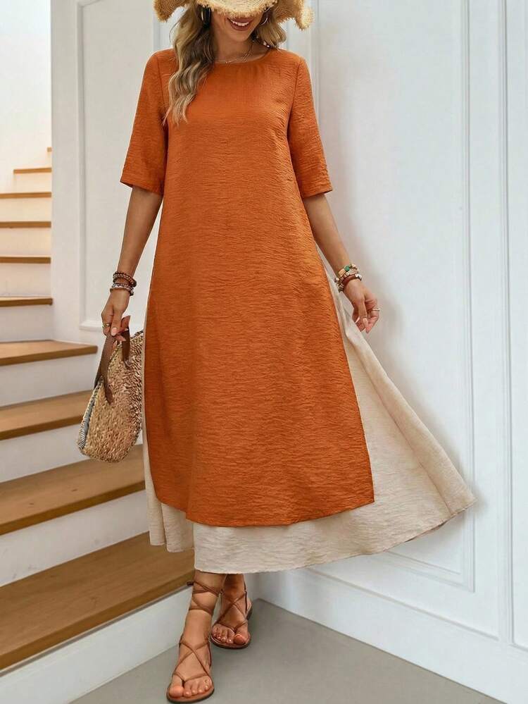 Women's Colorblock Round Neck Elegant Short Sleeve Dress Casual Outfit For Women Spring Summervacation DRESS,Going Out Dress ,Casual Dress For Women