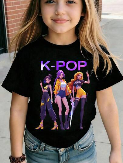 K-POP Cartoon Girl Print Black Short Sleeve Round Neck T-Shirt, Casual & Fashionable For Young Girls , Summer