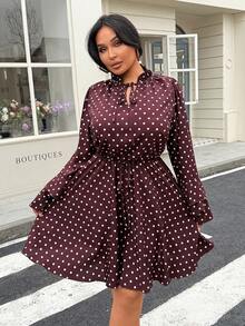 Calvaya Vestido de línea A con cinturón, puños con volantes y lazo, de manga larga con estampado de lunares, para mujer de talla grande. Elegante y romántico, ideal para citas, vacaciones, playa, negocios, té de la tarde, viajes, verano y primavera casual. - Marrón - Ver 7