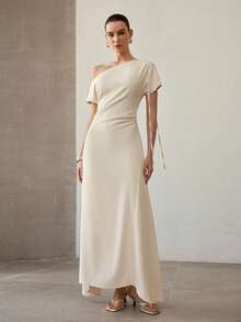 MOTF PREMIUM ELEGANT ASYMMETRICAL NECK RUCHED WOMEN LONG DRESS - Apricot - View 6