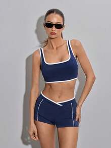 SHEIN ICON 2件套女士外出海军蓝运动网球高尔夫瑜伽撞色滚边超短吊带背心和短裤套装，夏季 - 藏蓝色 - 查看 8