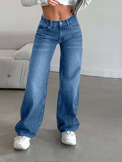 EURMUSE Calça jeans feminina de perna larga, 100% algodão, com bolso e botões, ideal para uso casual e diário.