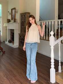 SHEIN 少女优雅甜美粉色雪纺露背吊带上衣，装饰蝴蝶结露背衬衫 - 米色 - 查看 3