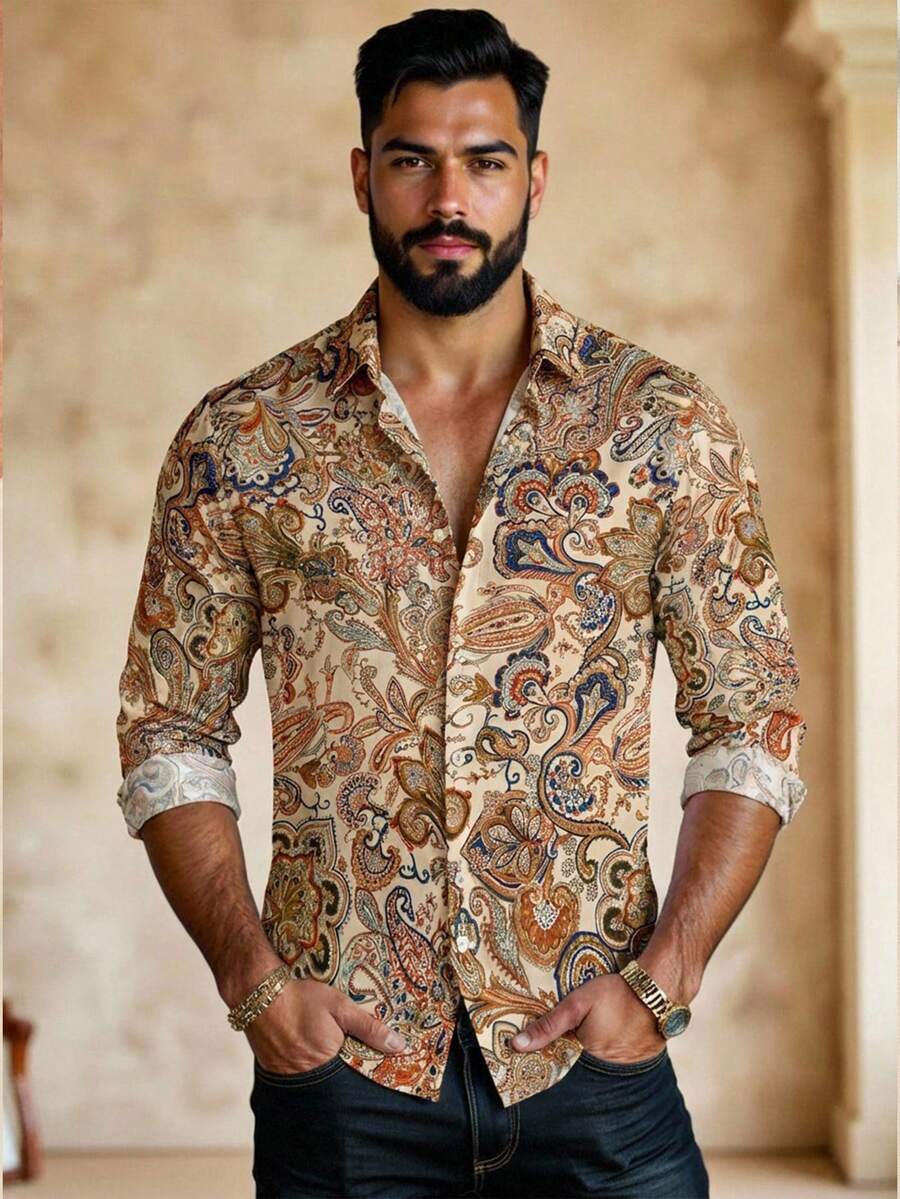 HIMLAND 男士休闲印花修身常规肩长袖衬衫 佩斯利花纹衬衫 男士乡村衬衫 挂毯衬衫 波西米亚风男士衬衫 复古男士衬衫