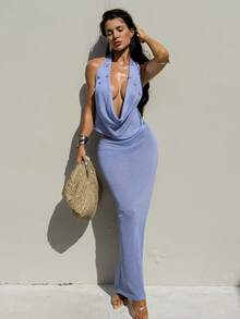 Swim SXY Women's Sexy Vacation Knit Halter Tie-Up Crochet Crop Top & Long Skirt 2 Pieces Set, Blue - Blue - View 1