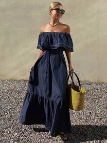 DAZY Women's Off Shoulder Super Long Dress, Vacation Style Washed Denim Dress Maxi Dress - Dark Wash - View 3