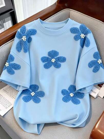 DrmWander Camiseta de mujer con cuello redondo, estampado digital de flores y tachuelas