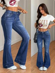 SHEIN PETITE Women's Y2K High Waist Flare Jeans Dark Blue Stretch Butt Lifting Wide Leg Denim Pants With Pockets Perfect For Streetwear & Daily Outfits Women's Casual Daily Commute Fashion Street Washed Flare Jeans - Dark Wash - View 2