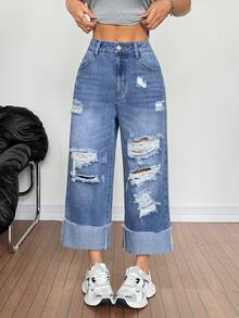 SHEIN Tall Women's Distressed Slant Pocket Casual Versatile Wide Leg Jeans - Light Wash - View 5