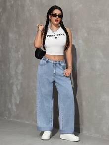 SHEIN Tall Summer Women's Tall Loose Casual Daily Commuting Going Out Outfits Versatile Elastic Waistband Wide Leg Blue Tapered Jeans - Light Wash - View 6
