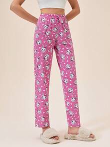 Loomlin 100%纯棉可爱休闲女式粉色兔子图案假抽绳弹力高腰长款舒适睡裤 - 粉色 - 查看 3