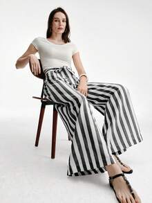 Aveloria Modichic Minimalist Versatile Vacation-Style Wide Striped High-Waisted Loose Wide-Leg Pants With Belt - Light Grey - View 5