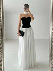 Firerie 女士新款黑白撞色扭结抹胸长裙，超大荷叶边下摆和领口系带，浪漫伴娘礼服，适合婚礼、正式场合、通勤、约会、毕业典礼等。 - 黑與白 - 查看 1