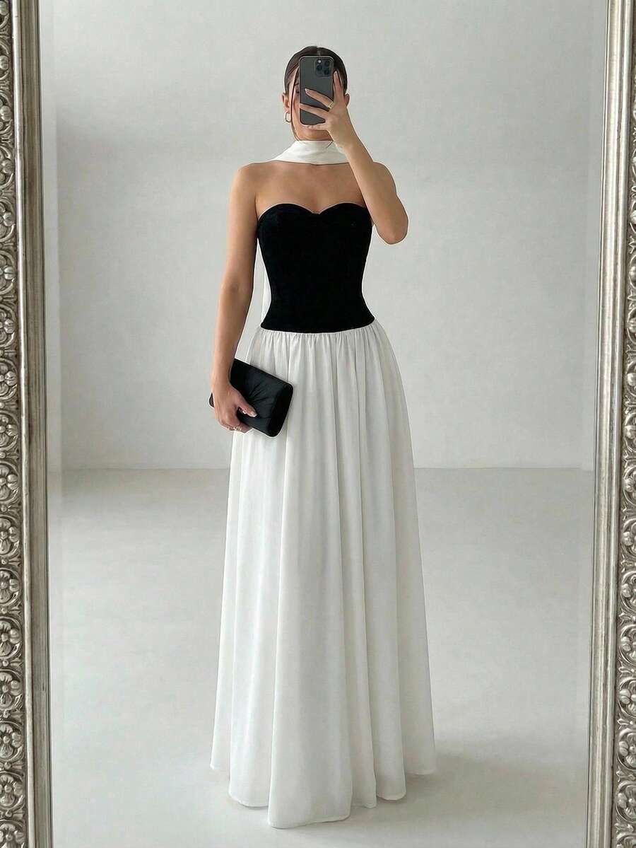 Firerie 女士新款黑白撞色扭结抹胸长裙，超大荷叶边下摆和领口系带，浪漫伴娘礼服，适合婚礼、正式场合、通勤、约会、毕业典礼等。 - 黑與白 - 查看 1