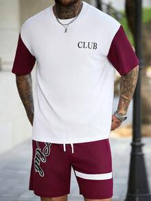 Manfinity Homme Conjunto de camiseta y pantalones cortos de verano casual para hombres con estampado de letras y parches de colores contrastantes - Blanco - Ver 6