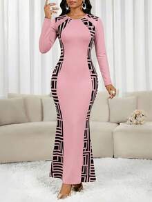 SHEIN Lady 女士圆领长袖几何印花修身优雅连衣裙 - 粉色 - 查看 5