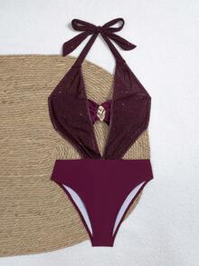 Swim SXY 2026春夏新款畅销连体泳衣，性感系带纯色比基尼，适合海滩穿着 - 酒紅色 - 查看 7