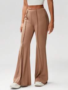 Denimoi Low Rise Rib Knit Flare Pants With Seam Details Sexy Bottoms Casual Loungewear Cozy Pants - Mocha Brown - View 4
