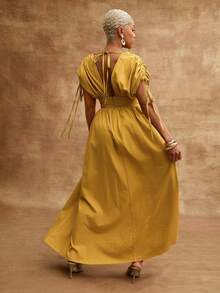 Vixey Drawstring Sleeve Gathered Waist Woven Maxi Vacation Dress - Yellow - View 4