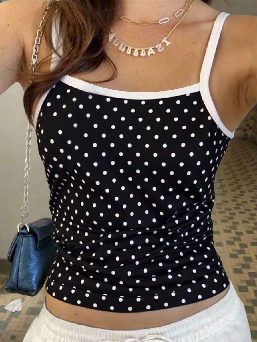 少女夏季柔软波点吊带背心，撞色白色，时尚百搭，适合旅行、日常穿着、上学等多种场合，黑白拼接，非露脐款，黑色吊带背心，露背设计，夏季上衣 - 黑與白 - 查看 1