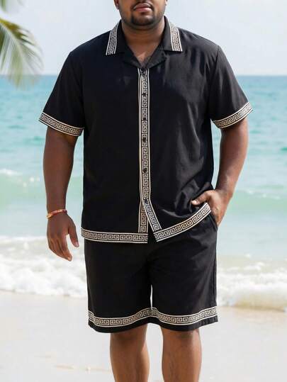 ResortEase 大码男士几何印花短袖单排扣衬衫和短裤休闲套装