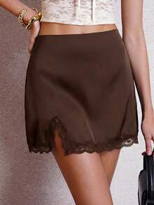 SHEIN PETITE CURVE Chân váy nữ cỡ lớn màu trơn phối ren xẻ tà bên hông - Cà phê nâu - Xem 3