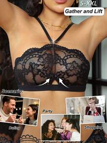 SHEIN 1 buc sutien fără mâneci din dantelă pentru femei, culoare solidă, cu halter, scobit - Negru - Vizualizare 5
