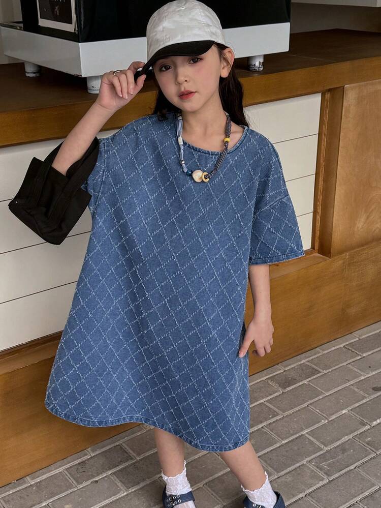 Tween Girls' Plaid Round Neck Drop Shoulder Casual Loose Denim Dress