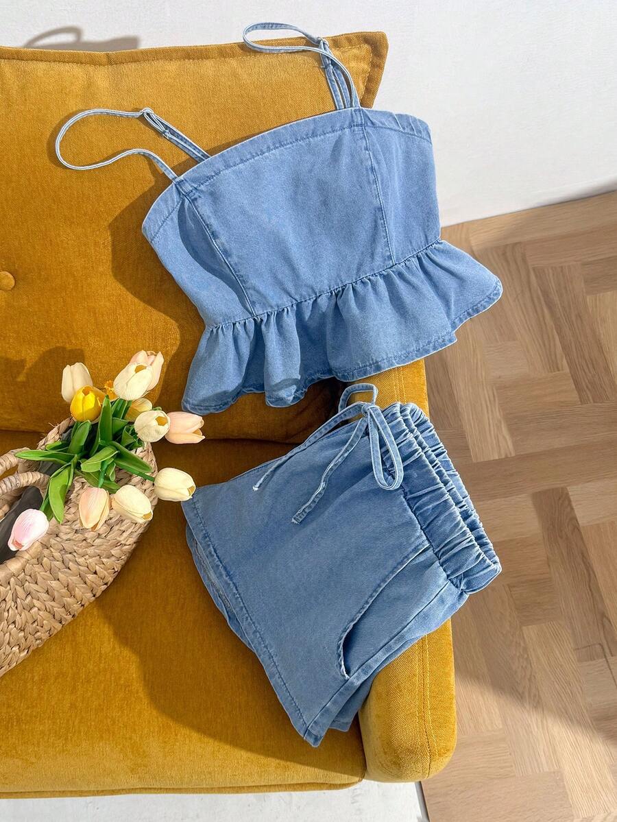 Comfortcana 大码休闲无袖牛仔短裤套装 - 淺色水洗藍 - 查看 1