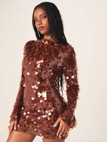 MISSGUIDED Women's Long Sleeve Open Back Sequined Mini Dress With Large Circular Sequins For Party Evening Cocktail Special Occasions Holiday Celebrations - Coffee Brown - View 2