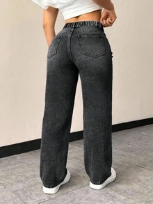 Flexra Plus Size Women's Fashionable Versatile Washed Distressed Jeans - Dark Grey - View 2