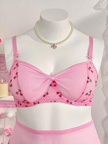 PetitDoll 3pcs Set: Sweet Floral Print Mesh Bow Underwire Padded Ruched Skirt Plus Size Sexy Lingerie Set - Pink - View 9