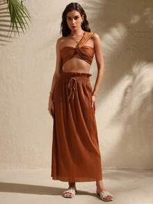 Swim Chiccia Women's Fashion Brown Twist Design Cropped Shoulder Top And Skirt Knit 2 Pieces Set - Brown - View 1