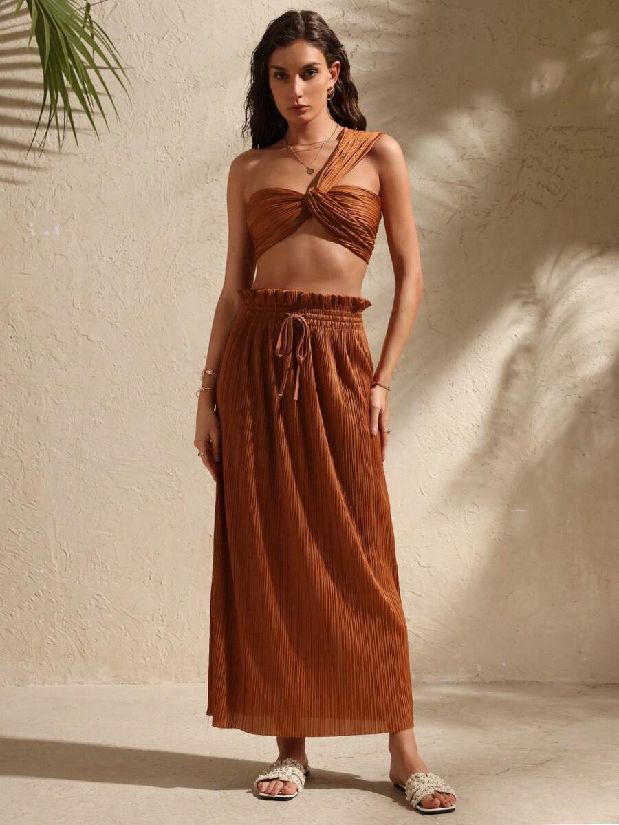 Swim Chiccia Women's Fashion Brown Twist Design Cropped Shoulder Top And Skirt Knit 2 Pieces Set - Brown - View 1