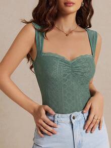 Poéselle Women's Ruffled Cardi Neck Bodysuit, Solid Colour Sleeveless Cardi Neck Backless Embroidered Slimming Camisole Bodysuit, Milkmaid Bodysuit, Summer Bodysuit, Lace Bodysuit - Mint Green - View 1