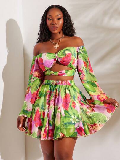 SHEIN SXY Plus Size Tropical Print Hollow Out Off-Shoulder Cropped Top And Mini Skirt 2-Piece Set, Casual Holiday
