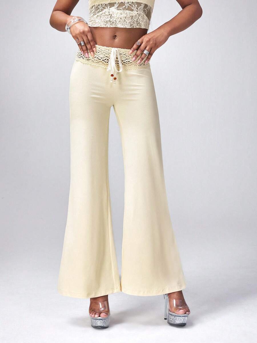 Y2Kool BiGraphic Apricot Knit Waistband Lace Beaded Drawstring Y2K Casual Women Straight Loose Pants, Suitable For Spring/Summer Parties, Holidays, Beach Vacations, And Daily Wear - Apricot - View 1