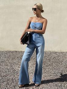 DAZY Bộ áo liền quần denim nữ dáng suông, thích hợp cho mùa xuân và mùa hè. - Rửa trung bình - Xem 6