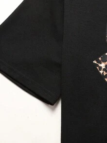 SHEIN Conjunto de camiseta holgada de manga caída con estampado de leopardo y pantalones acampanados para adolescentes - Multicolor - Ver 7