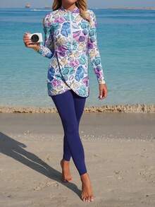 Swim Shayni 2026 SS Women's Spring/Summer Beach Elegant Romantic BOHO Ocean Creature Shell Starfish Seashell Tie-Dye Tie Dye Print Front Zipper Long Sleeve Top And High Waist Drawstring Pants Bikini Set - Multicolor - View 6