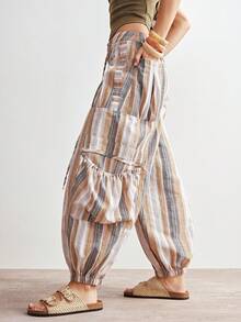 Bohemela Boho Spring/Summer Casual Woven Striped Loose Women's Long Pants, Vintage Stripes, Valentine's Day Outfit, Women's Vacation Outfit, Western Country–Style Music Festival Outfit, Women's Holiday Outfit, Beach Vacation Outfit, Back-To-School Outfit, Summer Women's Shirt, Carnival Costume, Women's Spring & Summer Outfit - Khaki - View 4