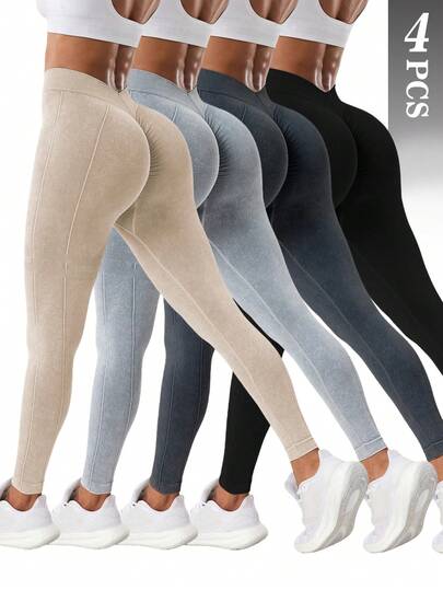 Velisys 4 piezas Pantalones jogger de ajuste ceñido, gris claro lavado con cintura en V, tejido elástico sin costuras, cómodo para yoga, fitness y casual