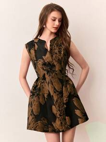 Aveloria Revavyn Đầm không tay ôm sát eo, phối màu tương phản, tay áo cánh hoa thanh lịch, chất liệu jacquard. - Nhiều màu - Xem 4