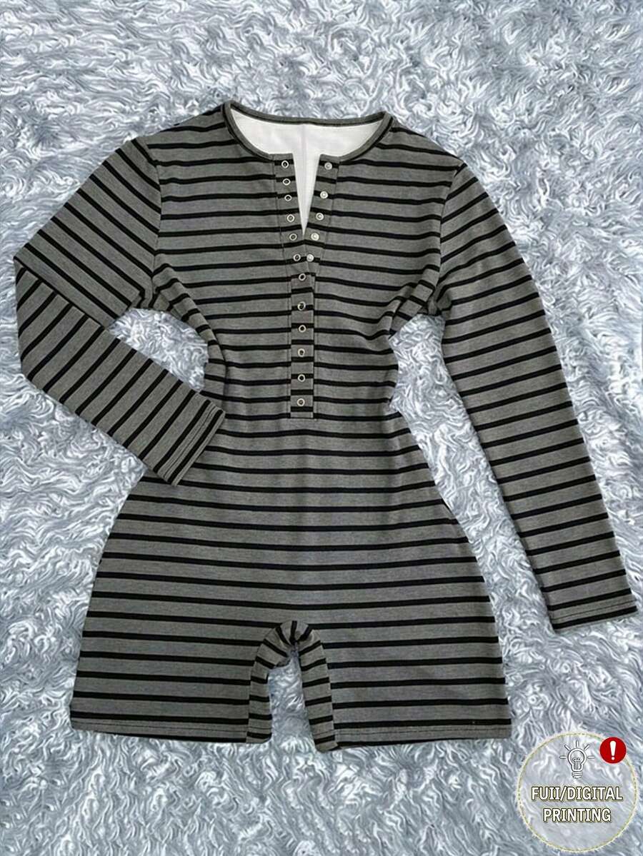 Glimmora Women's Casual Striped Print Long Sleeve Jumpsuit - Multicolor - View 1