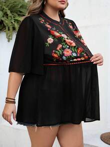 SHEIN CURVE+ Curve 尺码 US22 音乐节、海滨度假、波西米亚风女式夏季印花前扣宽松女式夏季图案上衣户外上衣女式西部校服复古可爱衬衫 2000 年代秋季风格海滩度假乡村秋季女式教师复古服装女式波西米亚锐舞波西米亚上衣女式波西米亚上衣 - 黑色 - 查看 5
