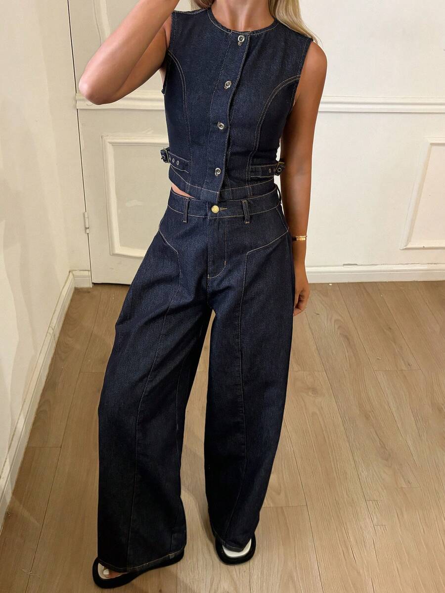 DAZY 女士圆领无袖短款背心和七分牛仔裤休闲街头风都市休闲牛仔套装 - 深色水洗藍 - 查看 1