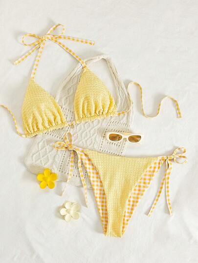 Swim Mod 2026 New Spring/Summer Plus Size Women Sweet Spaghetti Strap Reversible Yellow Triangle Bikini Set, Suitable For Beach And Vacation